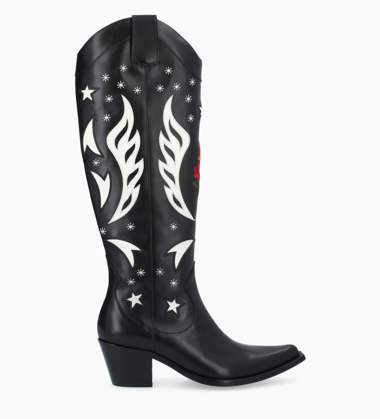 FREE LANCE Paris Botte western à talon brodée - Tina 50 - Cuir de veau lisse brillant - Noir/Beige Best Sale