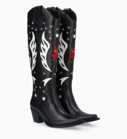 FREE LANCE Paris Botte western à talon brodée - Tina 50 - Cuir de veau lisse brillant - Noir/Beige Best Sale