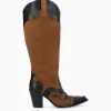 FREE LANCE Paris Botte western brodée à talon - Terry 80 - Cuir velours/Cuir imprimé lézard - Noir/Brun New