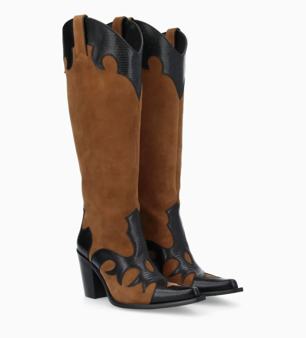 FREE LANCE Paris Botte western brodée à talon - Terry 80 - Cuir velours/Cuir imprimé lézard - Noir/Brun New