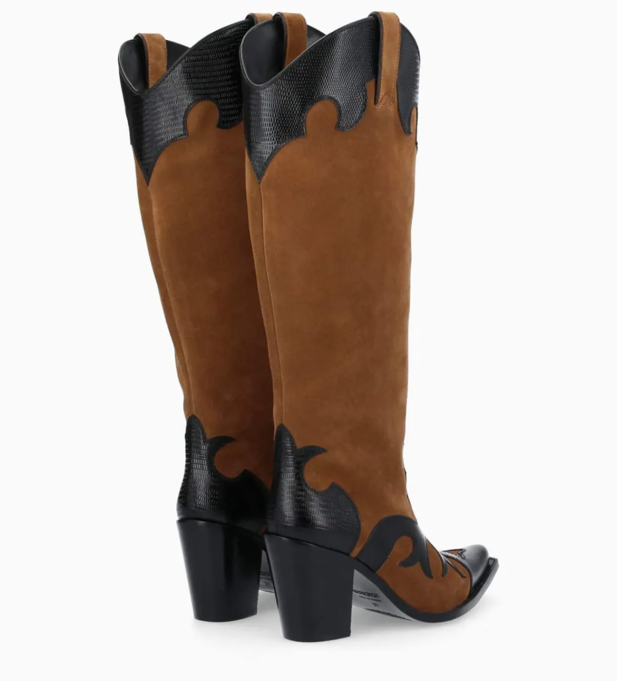 FREE LANCE Paris Botte western brodée à talon - Terry 80 - Cuir velours/Cuir imprimé lézard - Noir/Brun New
