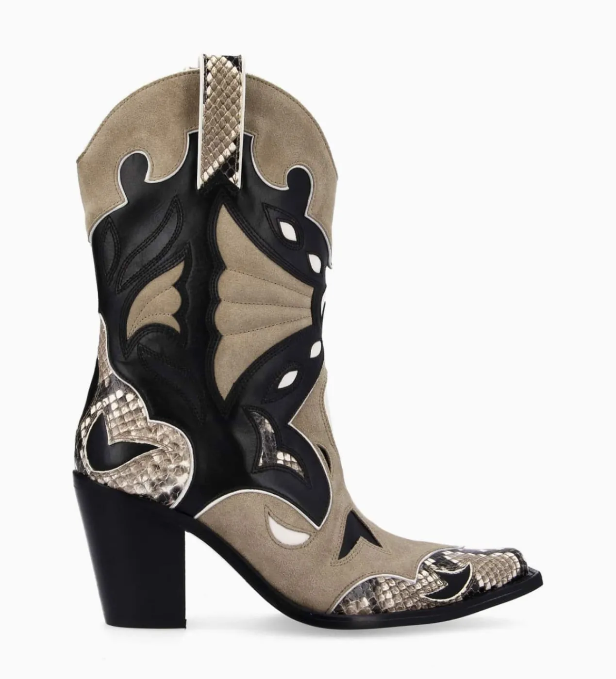 FREE LANCE Paris Bottine western à talon - Andrea 80 - Cuir de veau/Velours/Nappa/Serpent - Noir/Beige/Taupe Discount