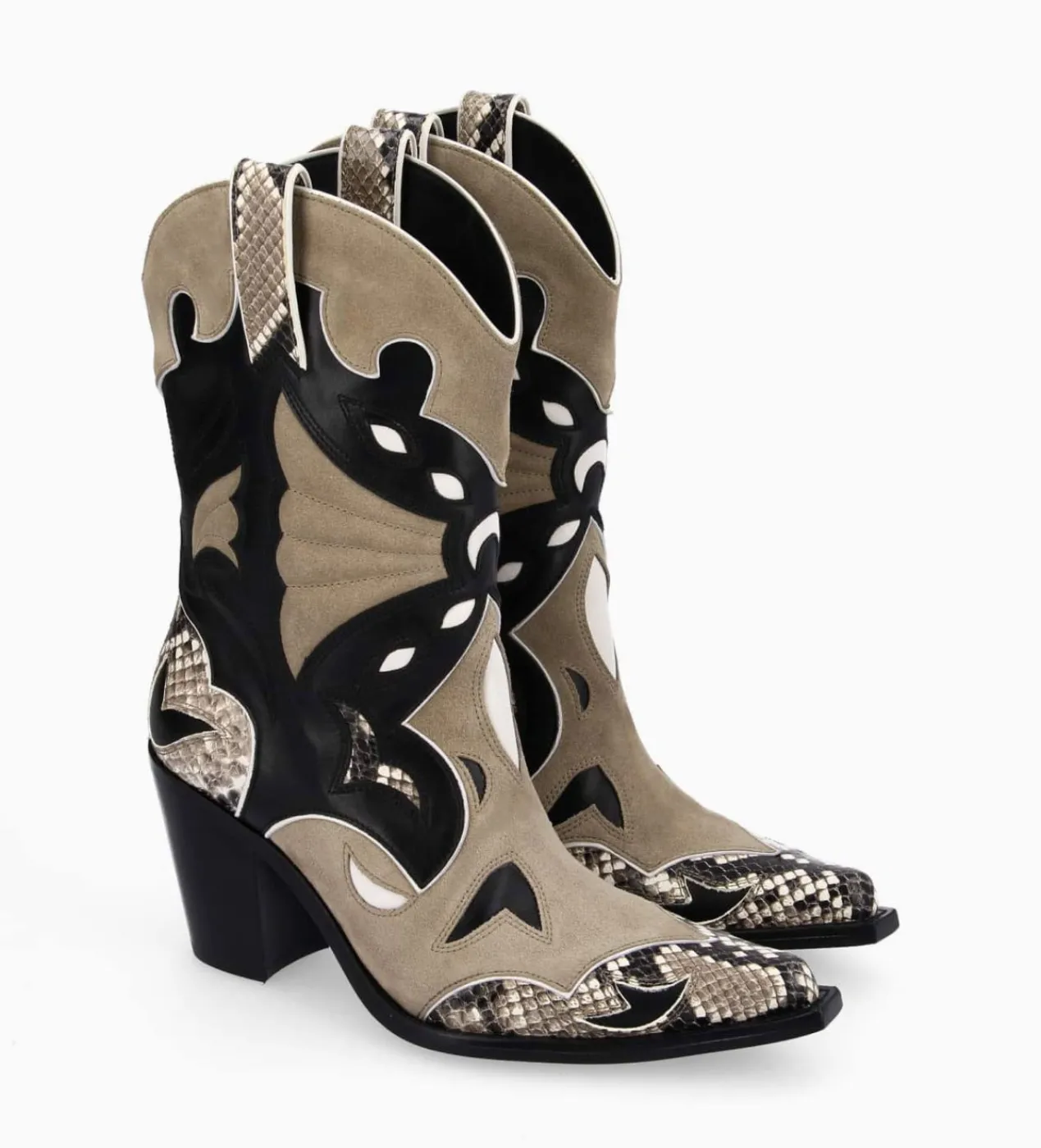 FREE LANCE Paris Bottine western à talon - Andrea 80 - Cuir de veau/Velours/Nappa/Serpent - Noir/Beige/Taupe Discount