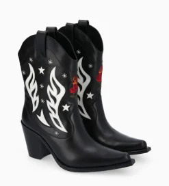 FREE LANCE Paris Bottine western à talon brodée - Tippi 80 - Cuir de veau lisse brillant - Noir/Beige Store