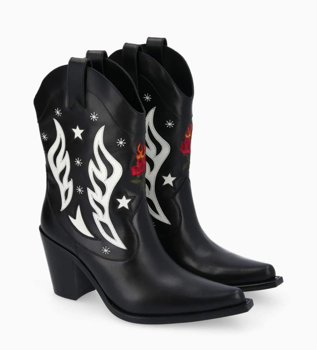 FREE LANCE Paris Bottine western à talon brodée - Tippi 80 - Cuir de veau lisse brillant - Noir/Beige Store