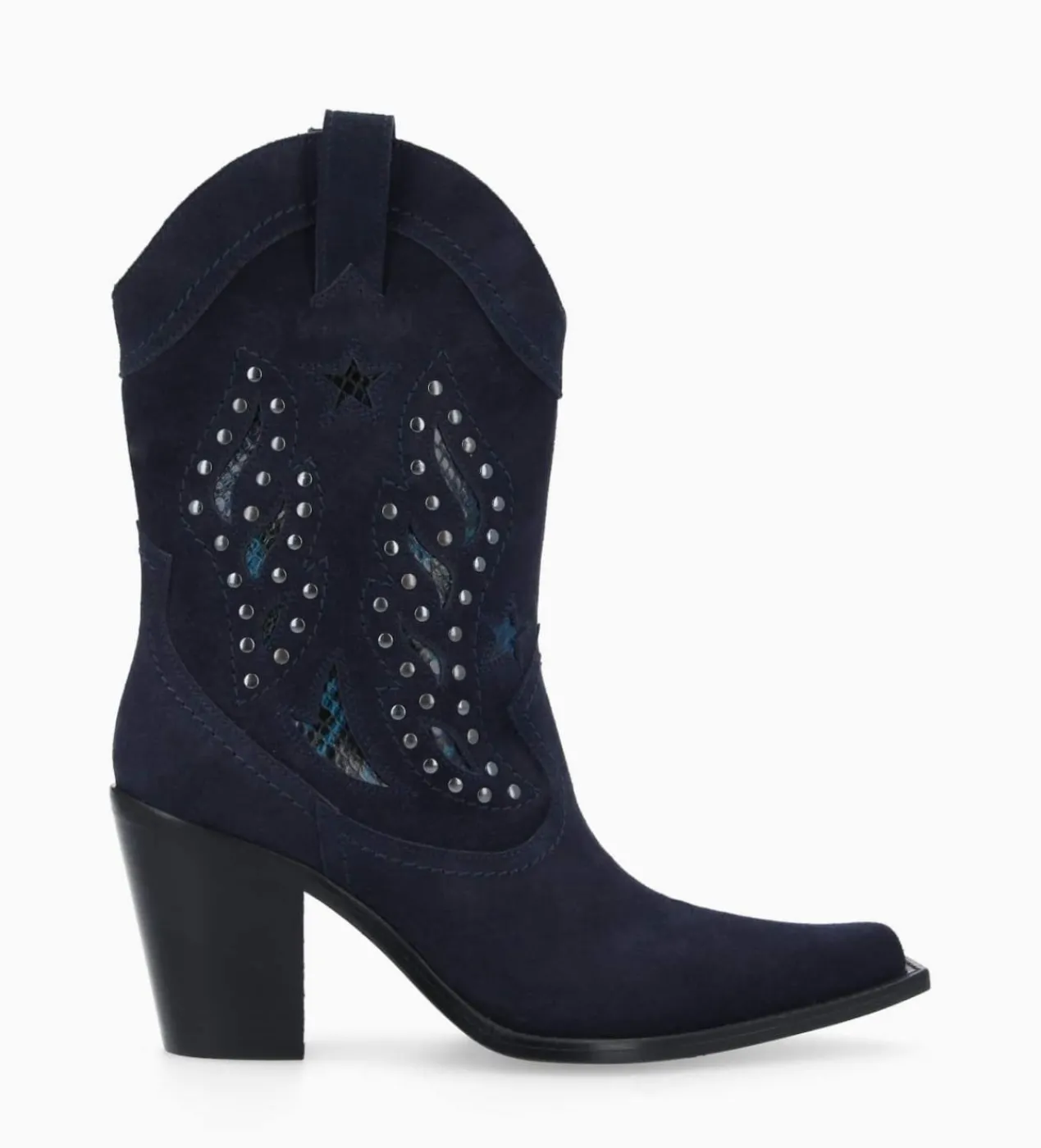 FREE LANCE Paris Bottine western brodée à talon avec clous - Tippi 80 - Cuir velours/Cuir imprimé serpent - Marine Flash Sale