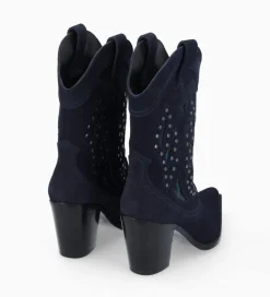 FREE LANCE Paris Bottine western brodée à talon avec clous - Tippi 80 - Cuir velours/Cuir imprimé serpent - Marine Flash Sale