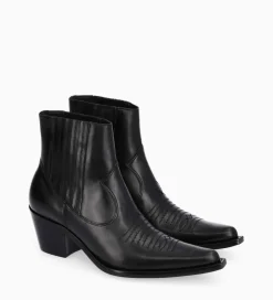 FREE LANCE Paris Bottine western chelsea brodée à talon - Simone 50 - Cuir de veau lisse brillant - Noir Clearance