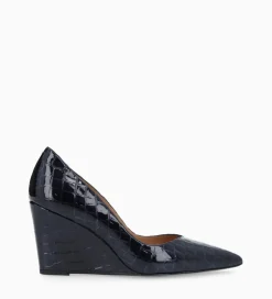 FREE LANCE Paris Escarpin à talon compensé à bout pointu - Francesca 70 - Cuir imprimé crocodile verni - Bleu nuit Bleunuit Outlet