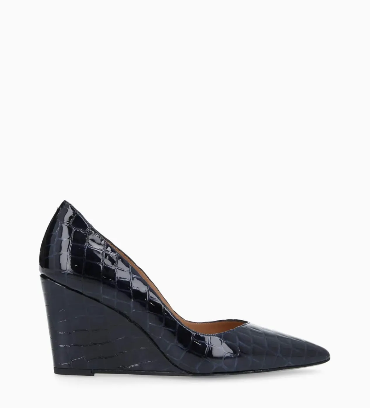 FREE LANCE Paris Escarpin à talon compensé à bout pointu - Francesca 70 - Cuir imprimé crocodile verni - Bleu nuit Bleunuit Outlet