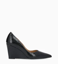 FREE LANCE Paris Escarpin à talon compensé à bout pointu - Francesca 70 - Cuir imprimé serpent verni - Noir Store