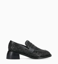 FREE LANCE Paris Mocassin à talon à bout carré - Anaïs 50 - Toile pailletée/Cuir de veau - Onyx/Noir Clearance
