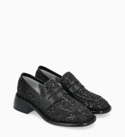 FREE LANCE Paris Mocassin à talon à bout carré - Anaïs 50 - Toile pailletée/Cuir de veau - Onyx/Noir Clearance