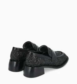 FREE LANCE Paris Mocassin à talon à bout carré - Anaïs 50 - Toile pailletée/Cuir de veau - Onyx/Noir Clearance